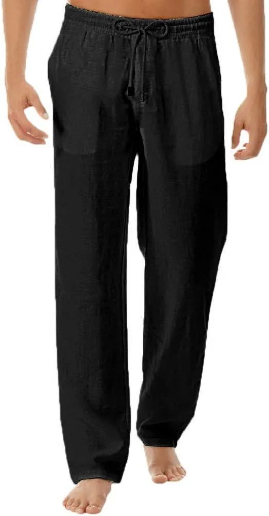 Men's Summer Linen Pants Drawstring Casual Beach Pants Solid Relaxed Fit Straight Pants Lightweight Comfy Trousers