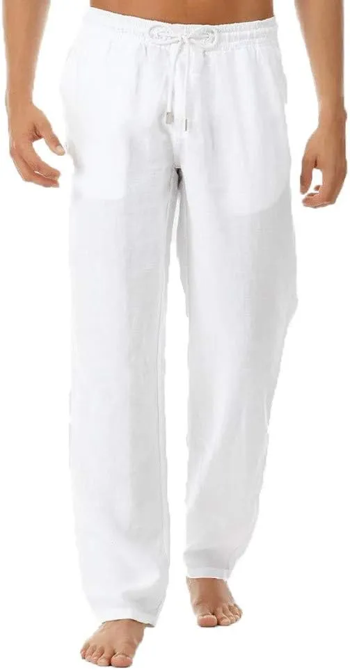 Men's Summer Linen Pants Drawstring Casual Beach Pants Solid Relaxed Fit Straight Pants Lightweight Comfy Trousers