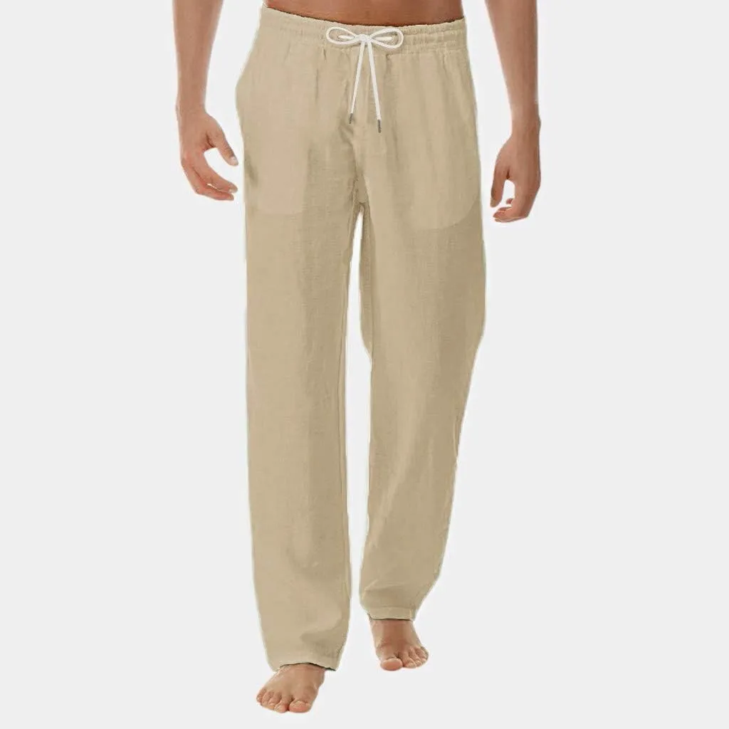 Men's Summer Linen Pants Drawstring Casual Beach Pants Solid Relaxed Fit Straight Pants Lightweight Comfy Trousers