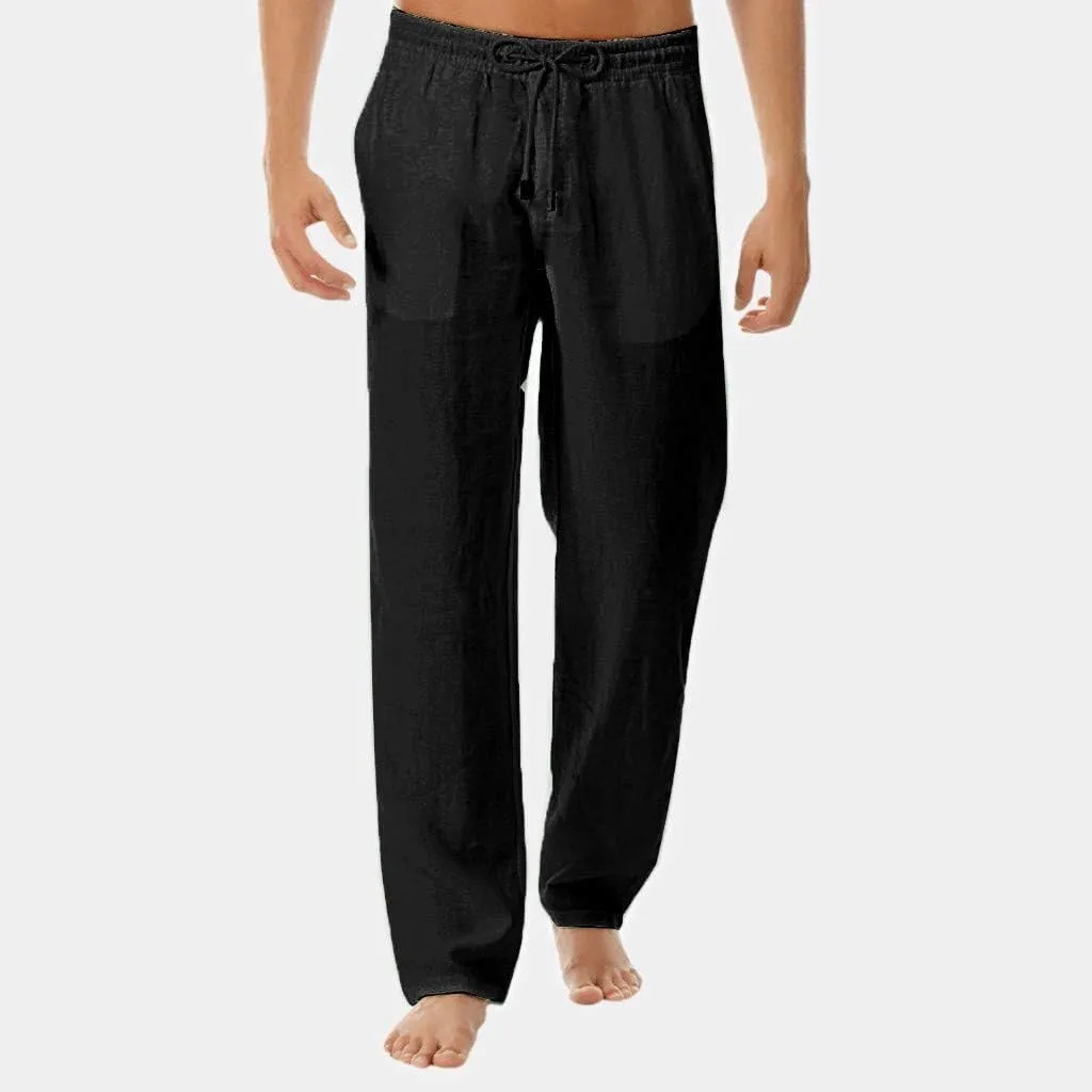 Men's Summer Linen Pants Drawstring Casual Beach Pants Solid Relaxed Fit Straight Pants Lightweight Comfy Trousers