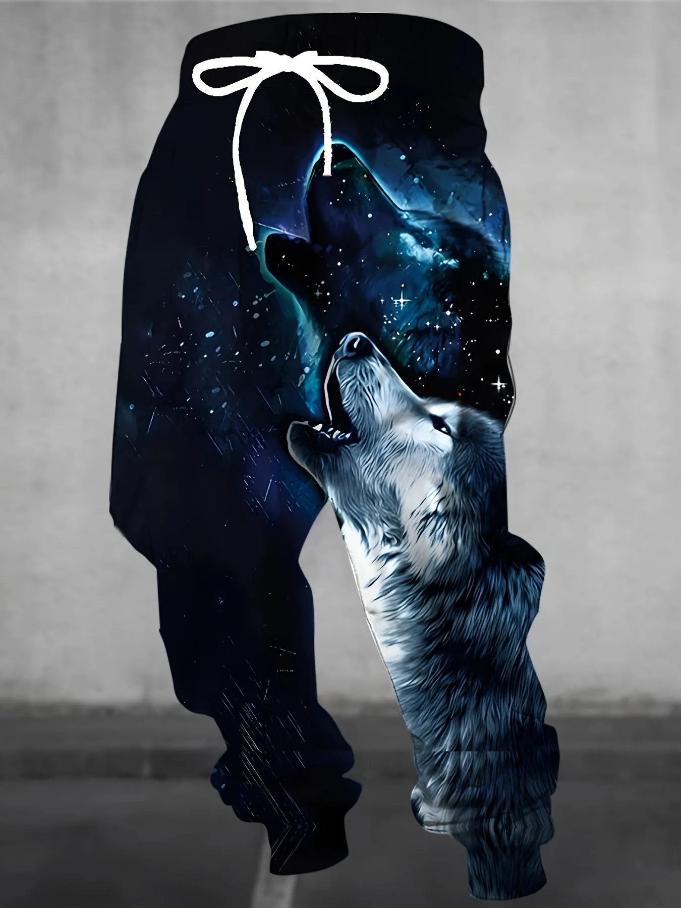 Men's Wolf Print Joggers with Drawstring & Pockets - Casual, Stretchy Polyester Sweatpants for Outdoor Activities