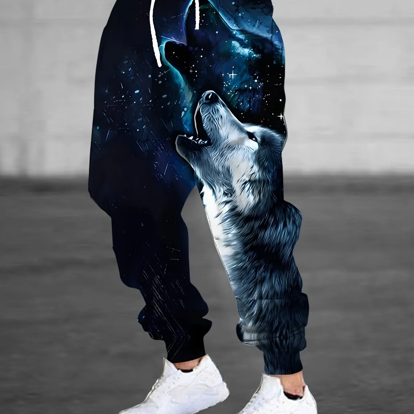 Men's Wolf Print Joggers with Drawstring & Pockets - Casual, Stretchy Polyester Sweatpants for Outdoor Activities