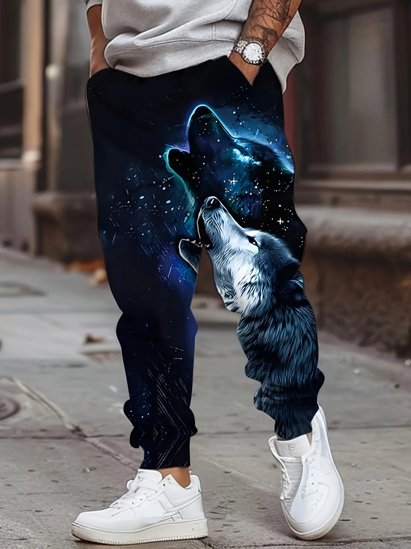 Men's Wolf Print Joggers with Drawstring & Pockets - Casual, Stretchy Polyester Sweatpants for Outdoor Activities