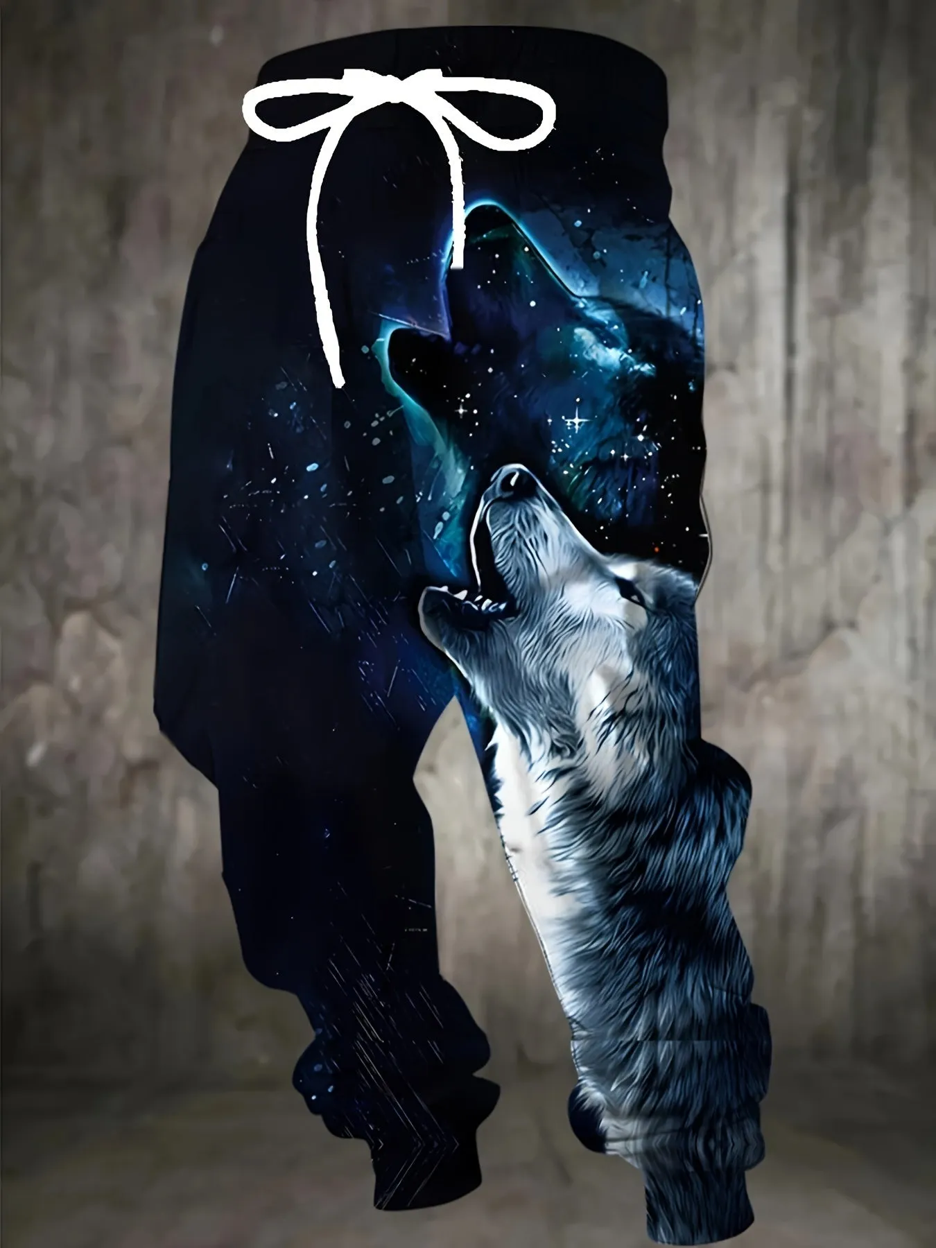 Men's Wolf Print Joggers with Drawstring & Pockets - Casual, Stretchy Polyester Sweatpants for Outdoor Activities