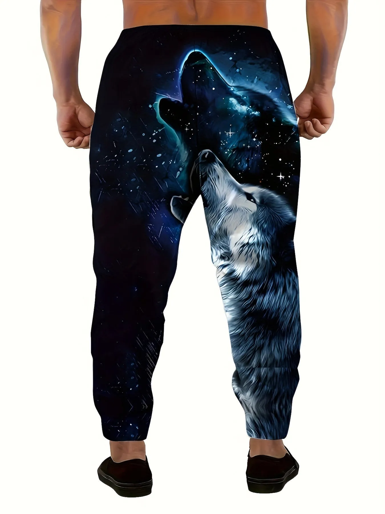 Men's Wolf Print Joggers with Drawstring & Pockets - Casual, Stretchy Polyester Sweatpants for Outdoor Activities