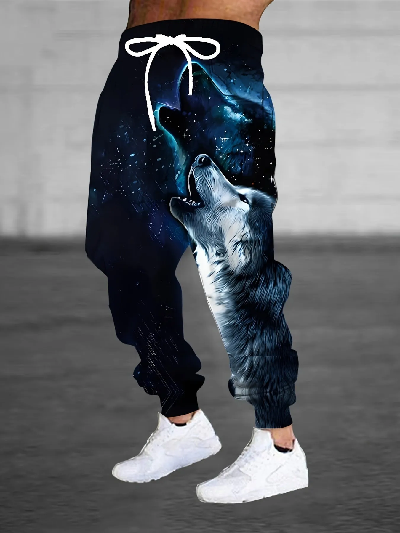 Men's Wolf Print Joggers with Drawstring & Pockets - Casual, Stretchy Polyester Sweatpants for Outdoor Activities
