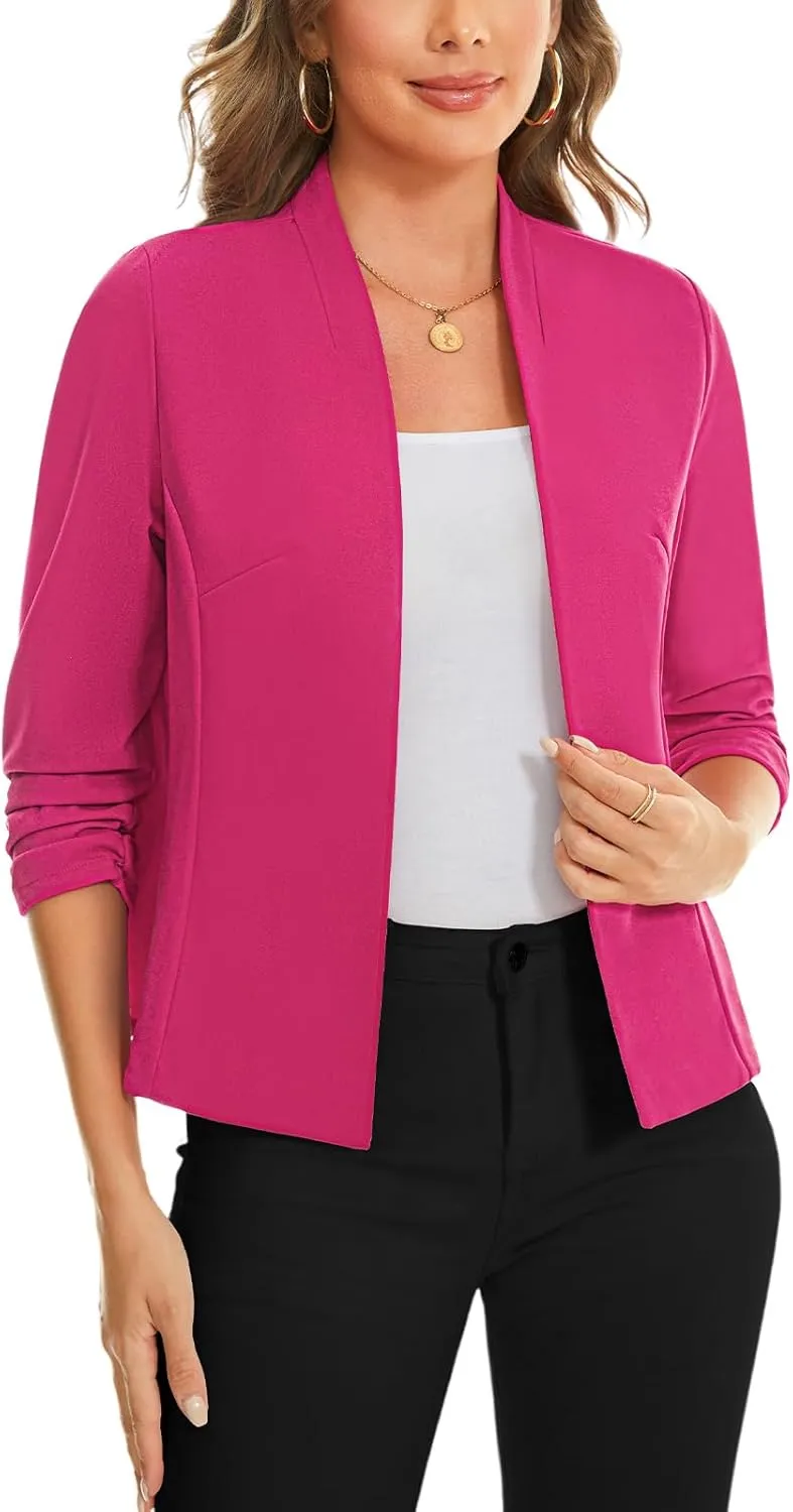 MINTLIMIT Women's Collarless Blazer Ruched 3/4 Sleeve Open Front Business Work Office Jacket Blazers