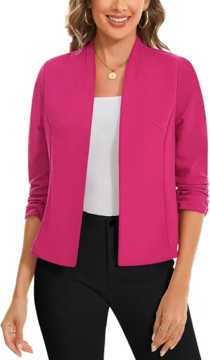 MINTLIMIT Women's Collarless Blazer Ruched 3/4 Sleeve Open Front Business Work Office Jacket Blazers