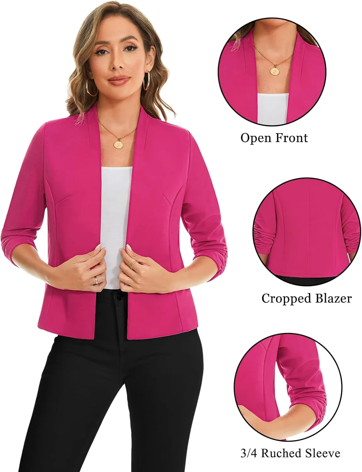 MINTLIMIT Women's Collarless Blazer Ruched 3/4 Sleeve Open Front Business Work Office Jacket Blazers