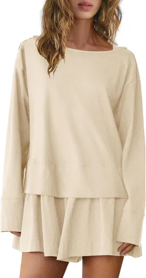 Panadila Womens Long Sleeve Short Romper Dress Oversized Crewneck One Piece Jumpsuit Open Back Layered Casual Outfits
