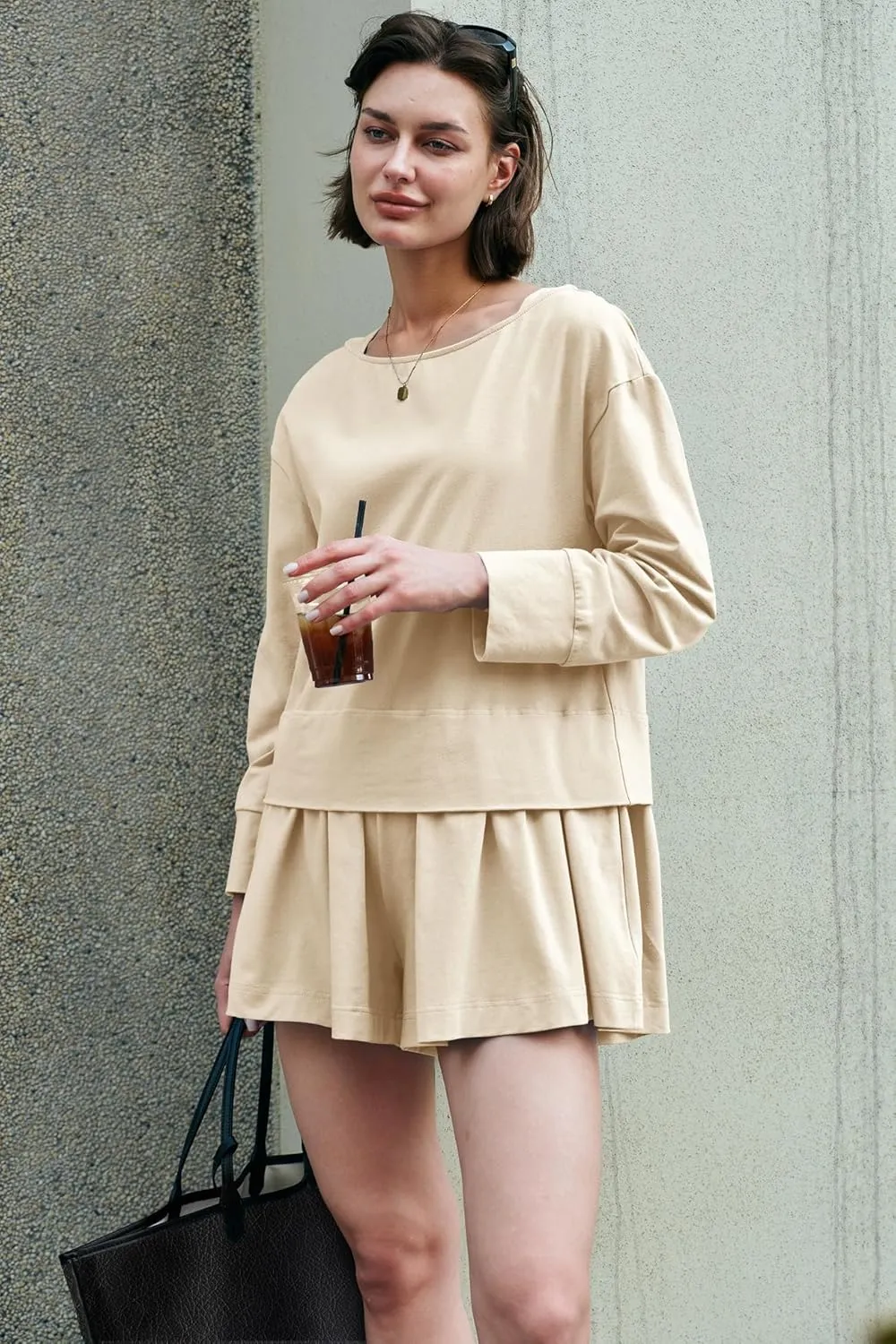 Panadila Womens Long Sleeve Short Romper Dress Oversized Crewneck One Piece Jumpsuit Open Back Layered Casual Outfits