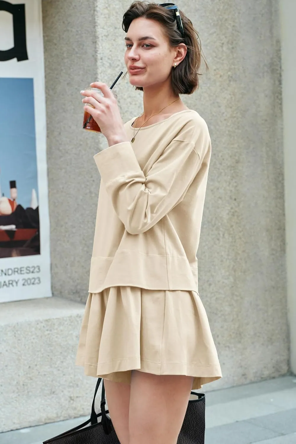 Panadila Womens Long Sleeve Short Romper Dress Oversized Crewneck One Piece Jumpsuit Open Back Layered Casual Outfits