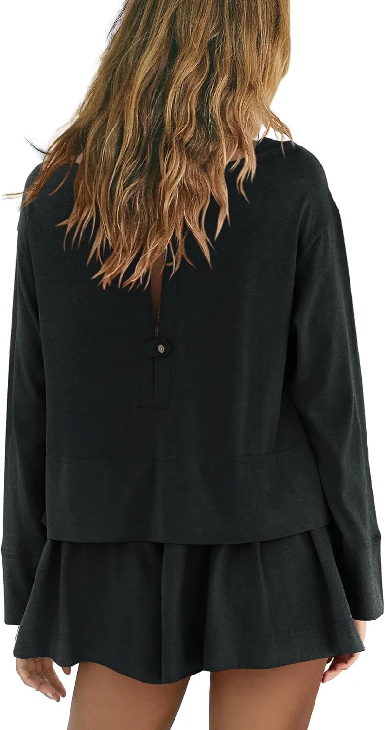 Panadila Womens Long Sleeve Short Romper Dress Oversized Crewneck One Piece Jumpsuit Open Back Layered Casual Outfits