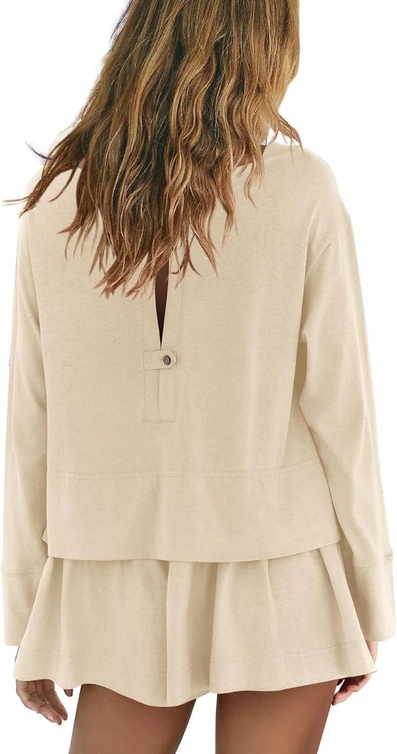 Panadila Womens Long Sleeve Short Romper Dress Oversized Crewneck One Piece Jumpsuit Open Back Layered Casual Outfits
