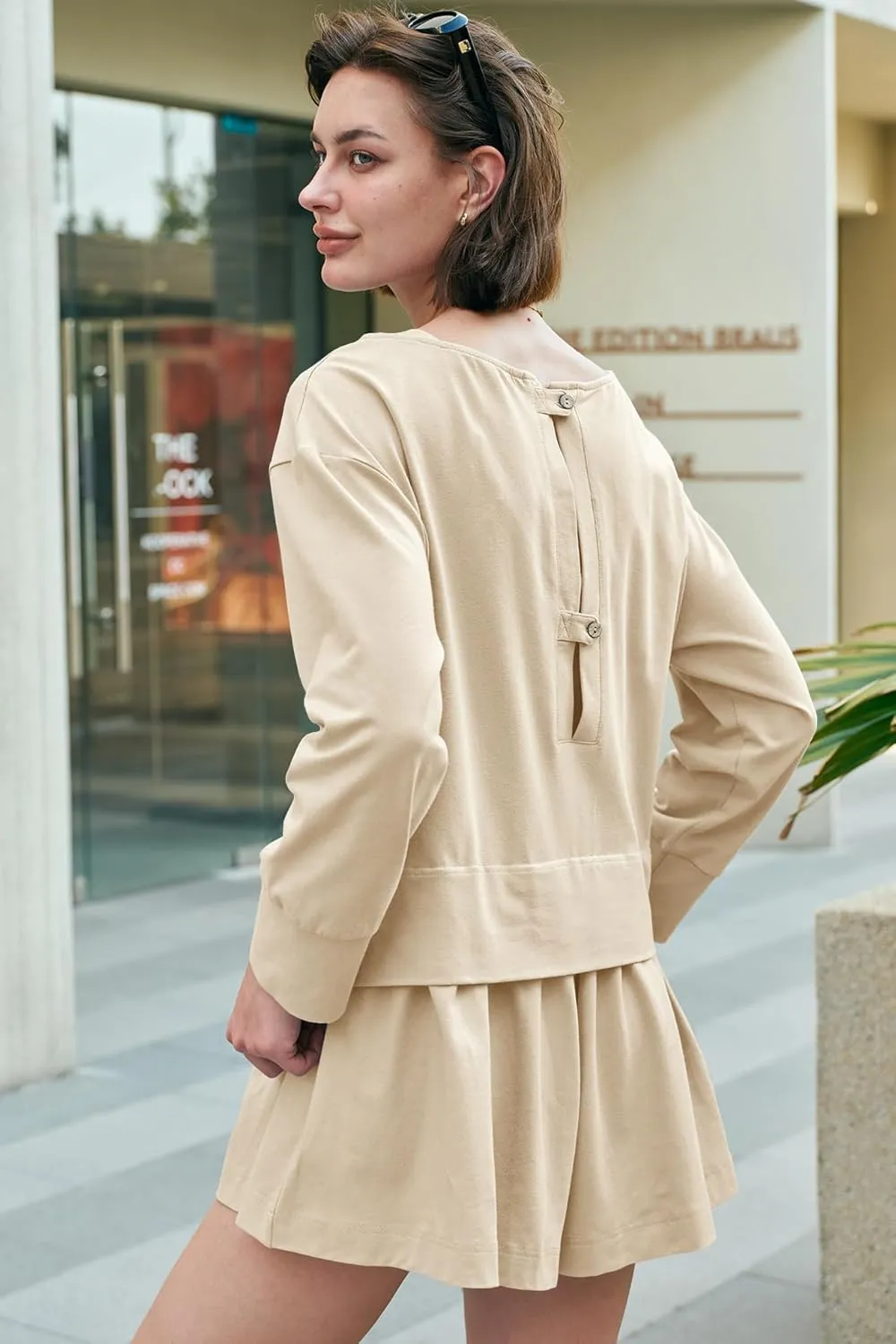 Panadila Womens Long Sleeve Short Romper Dress Oversized Crewneck One Piece Jumpsuit Open Back Layered Casual Outfits