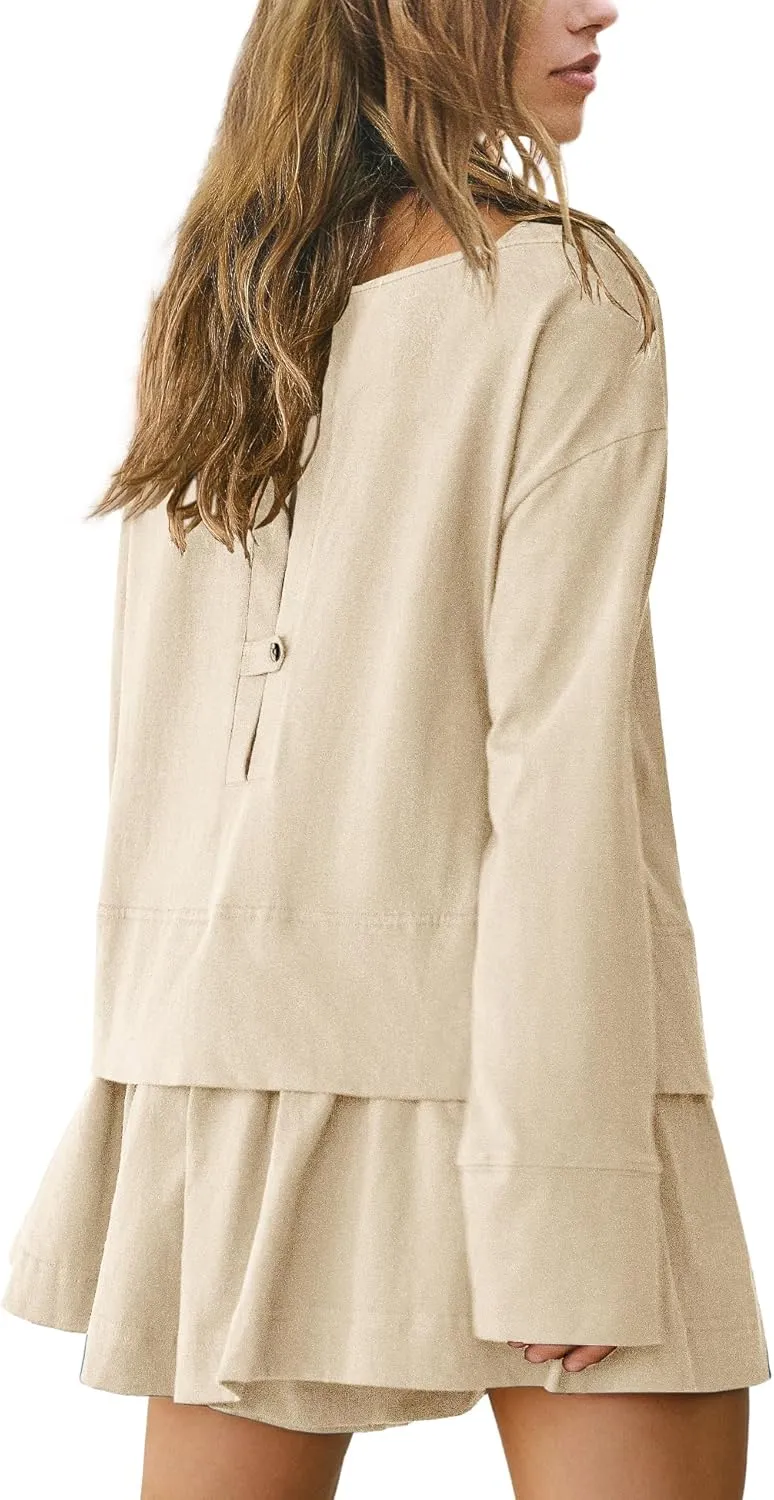 Panadila Womens Long Sleeve Short Romper Dress Oversized Crewneck One Piece Jumpsuit Open Back Layered Casual Outfits