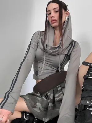 Patchwork Striped Hooded Crop Top  Full Sleeve Autumn/Winter Casual Streetwear for Women