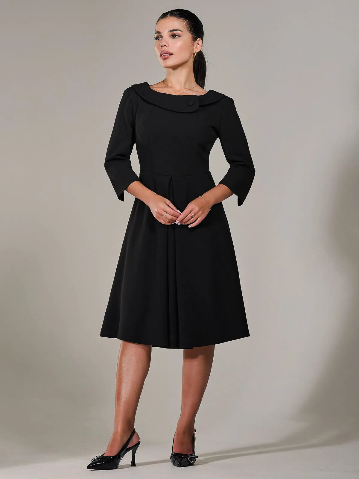 Petite Button Collar Dress, Black