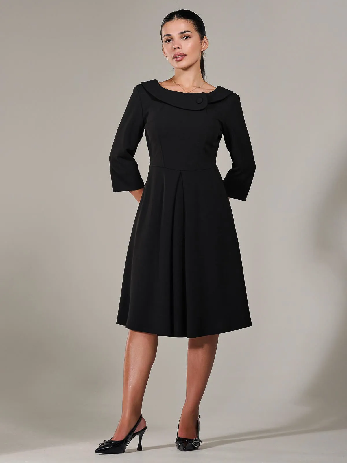 Petite Button Collar Dress, Black