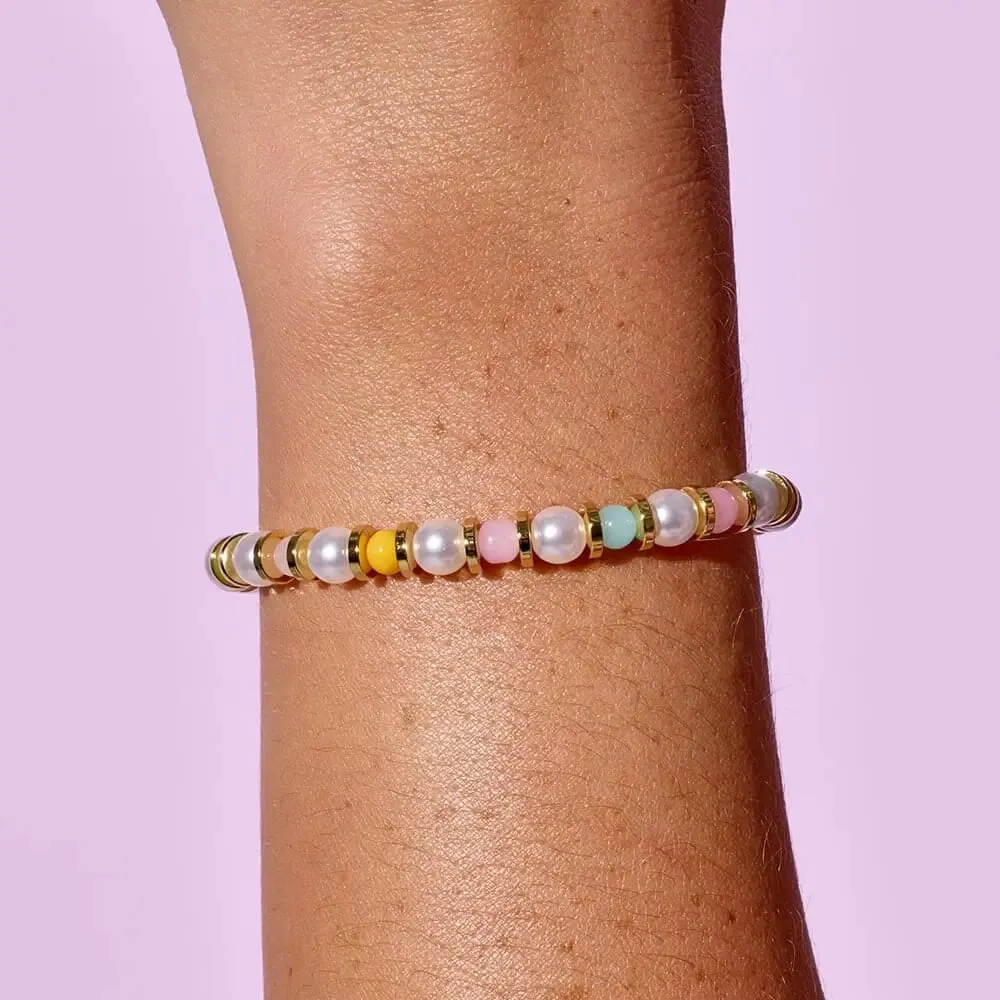 Pura Vida Pearl Bloom Stretch Bracelet  Colorful Stones, Smooth Pearls, Elastic Fit