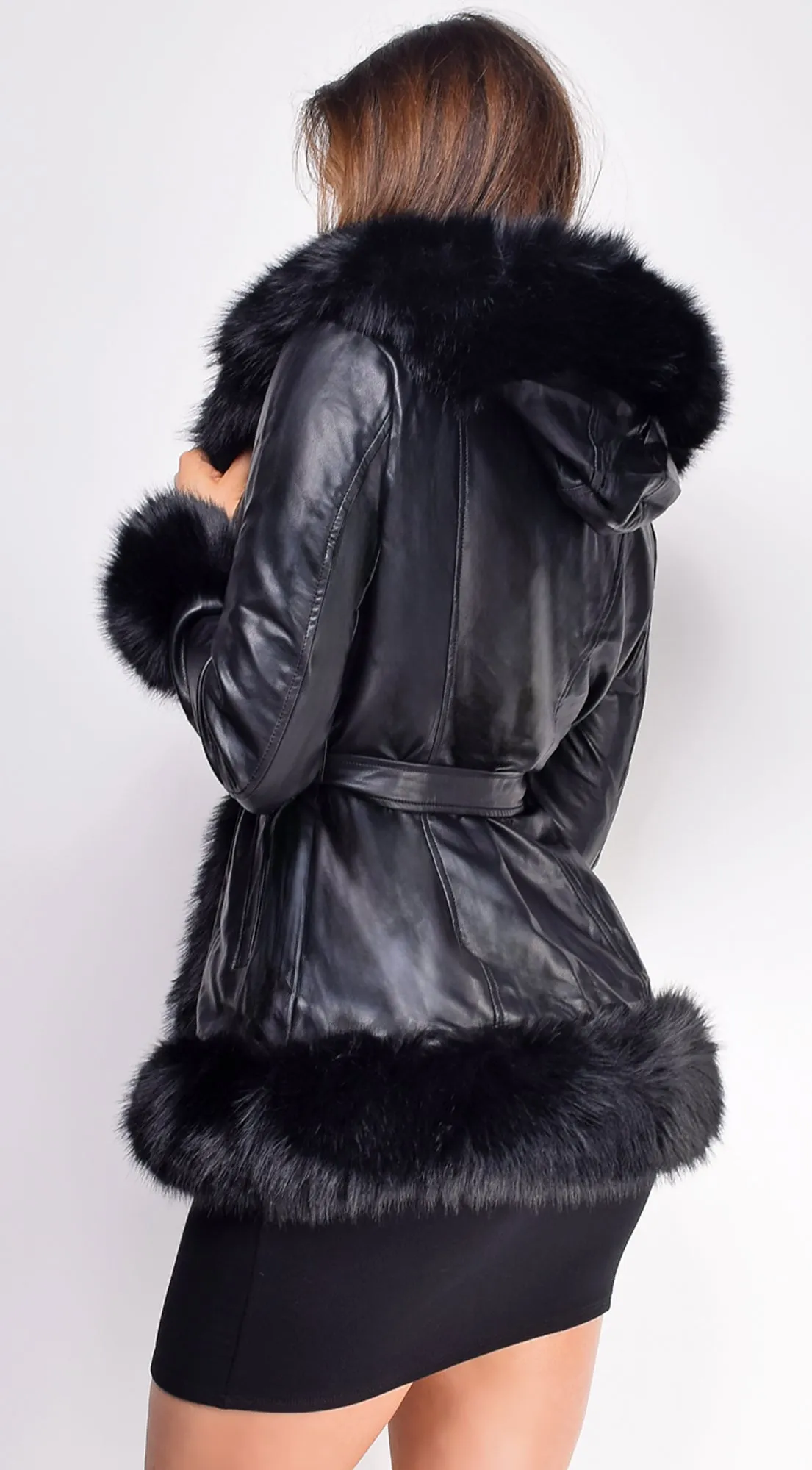 Sasha Black PU Leather Faux Fur Trim Coat
