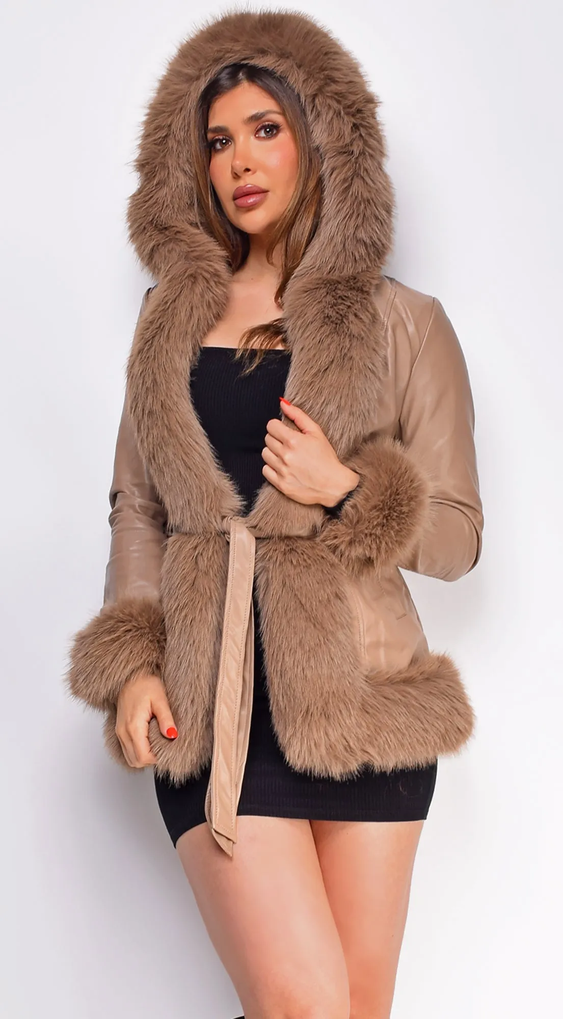 Sasha Taupe Brown PU Leather Faux Fur Trim Coat