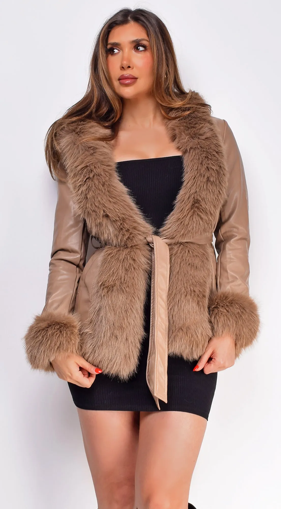 Sasha Taupe Brown PU Leather Faux Fur Trim Coat