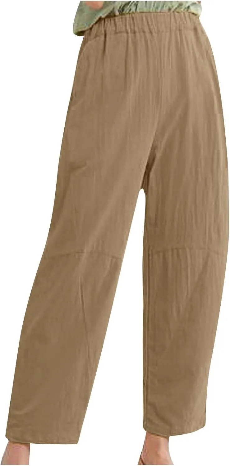 Straight Leg Cotton Linen Pants for Women Versatile Solid Color Relaxed Fit Elastic Waist Trousers Summer Casual
