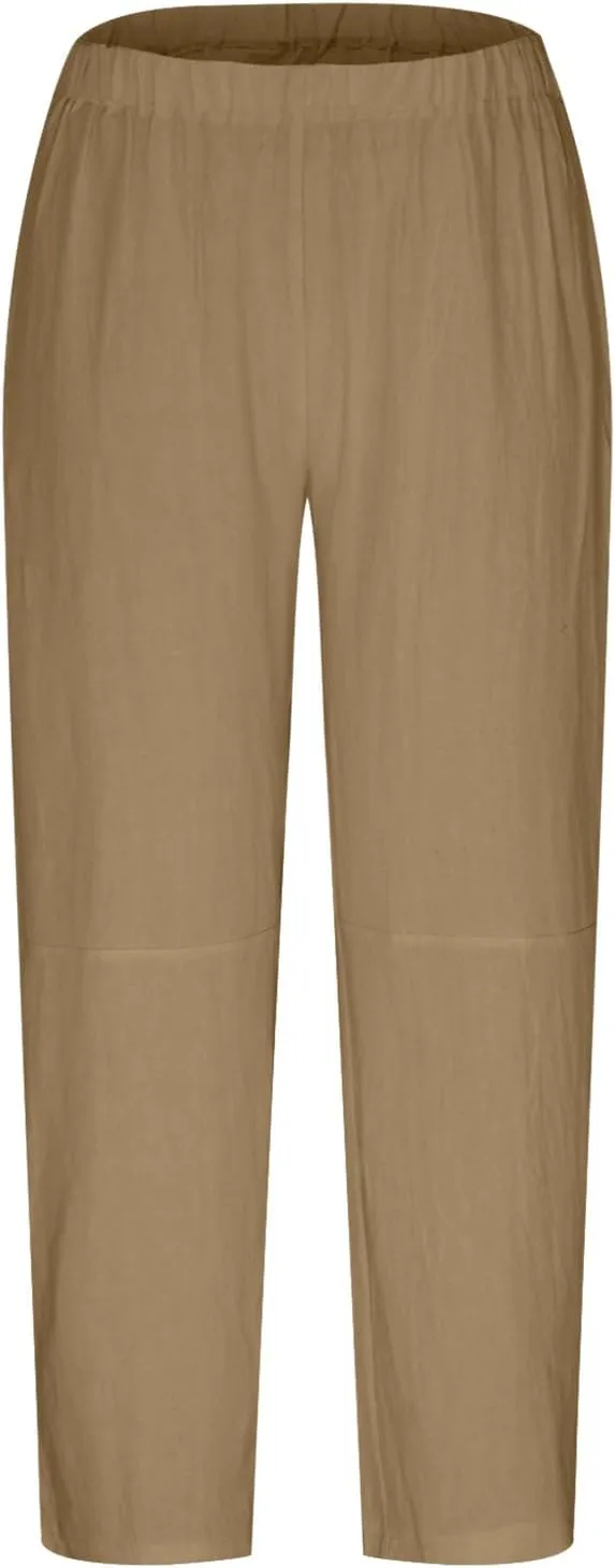 Straight Leg Cotton Linen Pants for Women Versatile Solid Color Relaxed Fit Elastic Waist Trousers Summer Casual