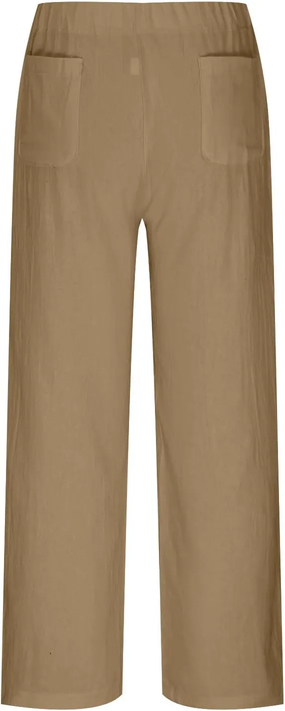 Straight Leg Cotton Linen Pants for Women Versatile Solid Color Relaxed Fit Elastic Waist Trousers Summer Casual