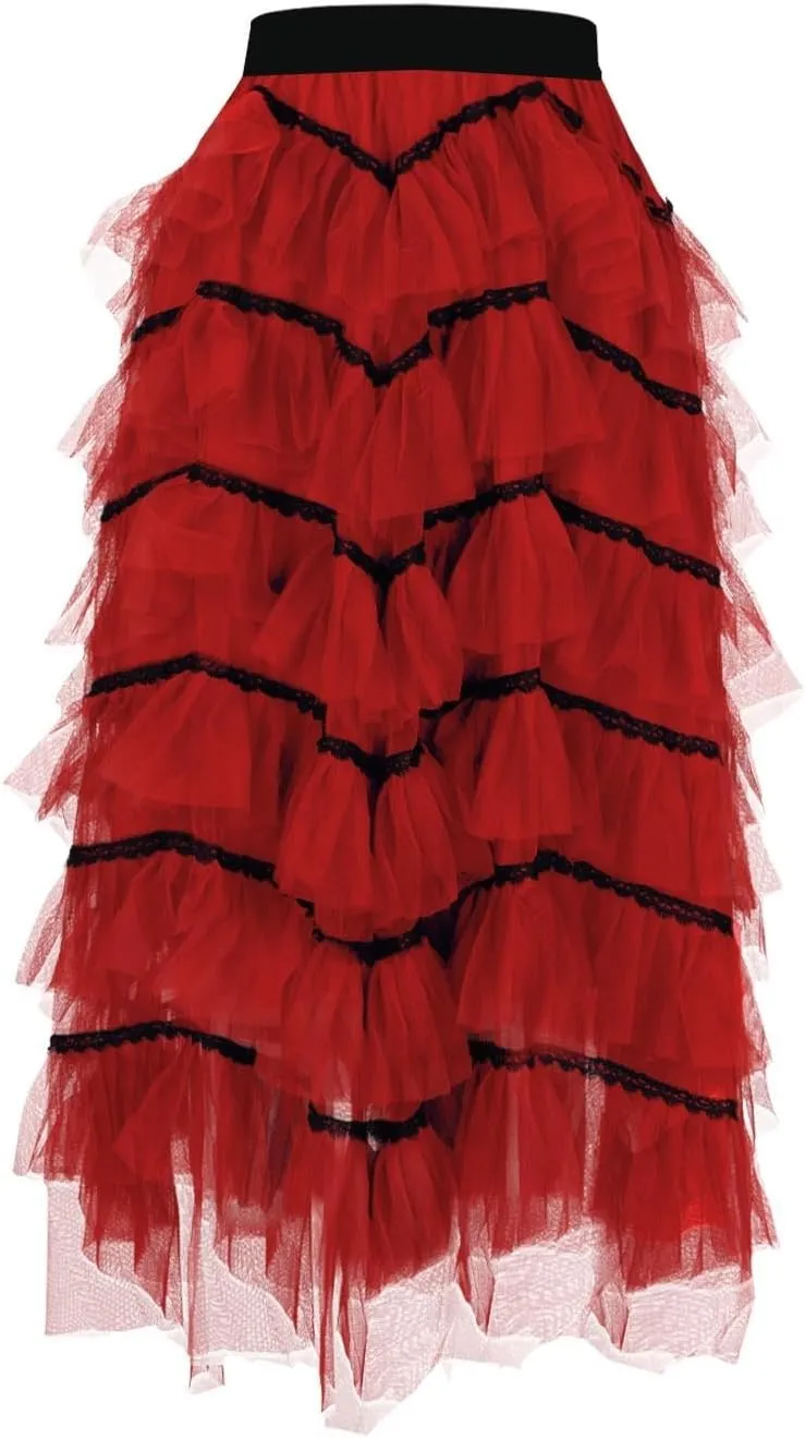 Tulle Skirt for Women Mesh Ballet Party Tutu Skirt Elegant A-Line Midi Skirt Elastic High Waist Tiered Skirts