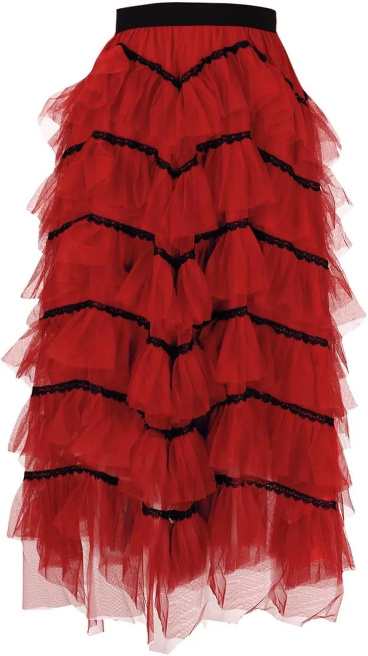 Tulle Skirt for Women Mesh Ballet Party Tutu Skirt Elegant A-Line Midi Skirt Elastic High Waist Tiered Skirts