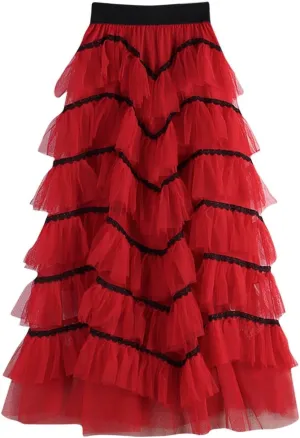 Tulle Skirt for Women Mesh Ballet Party Tutu Skirt Elegant A-Line Midi Skirt Elastic High Waist Tiered Skirts
