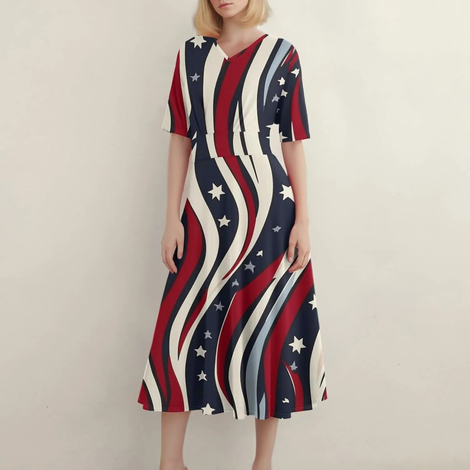 Womens American Flag Dress 4th of July Patriotic Dresses USA Stars Stripes Dresses Sexy V Neck Summer Sundress