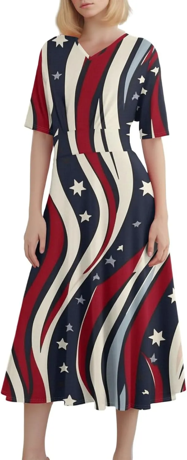Womens American Flag Dress 4th of July Patriotic Dresses USA Stars Stripes Dresses Sexy V Neck Summer Sundress