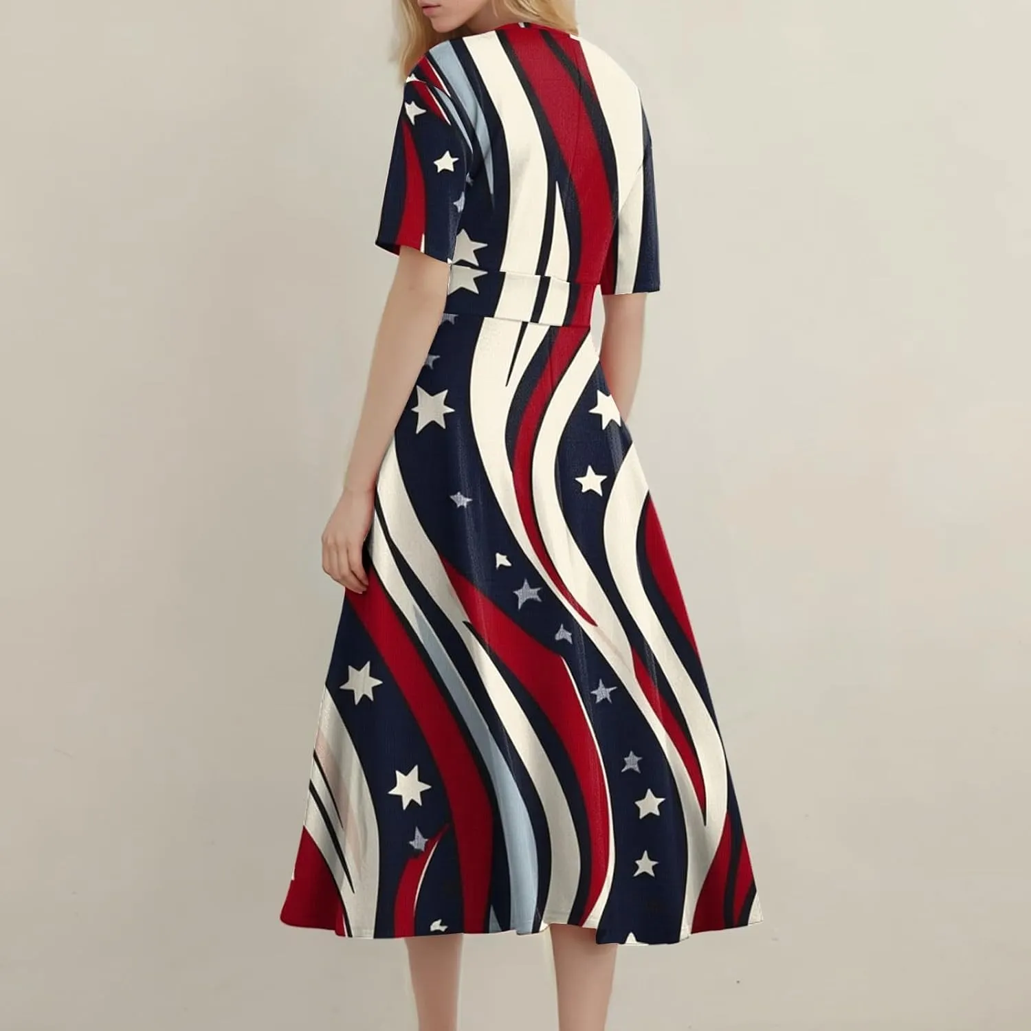 Womens American Flag Dress 4th of July Patriotic Dresses USA Stars Stripes Dresses Sexy V Neck Summer Sundress