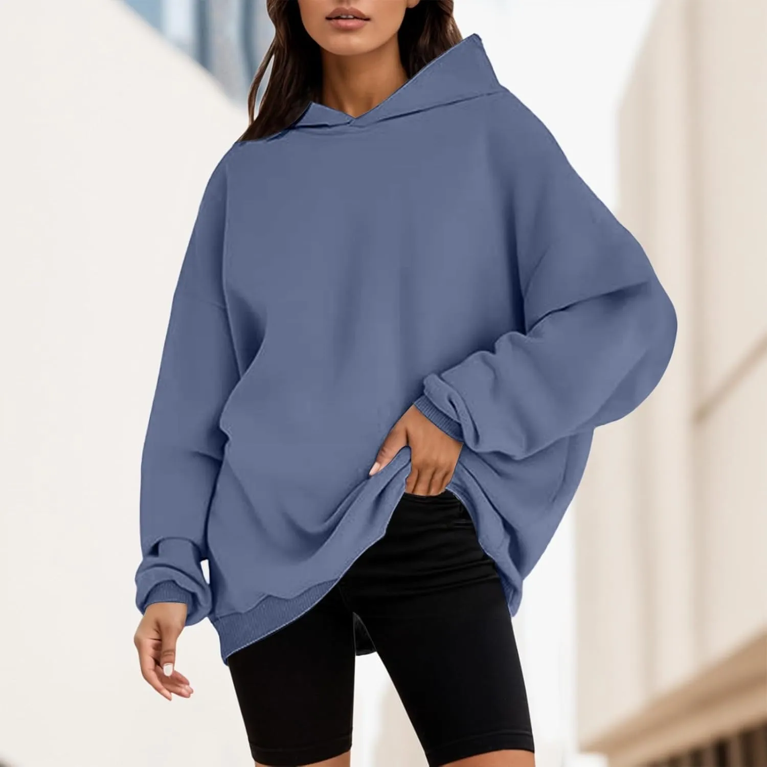 Women's Casual Hoodies Long Sleeve Oversized Sweatshirts Solid Color Fall Fashion Pullover Tops Outfit Winter Clothes