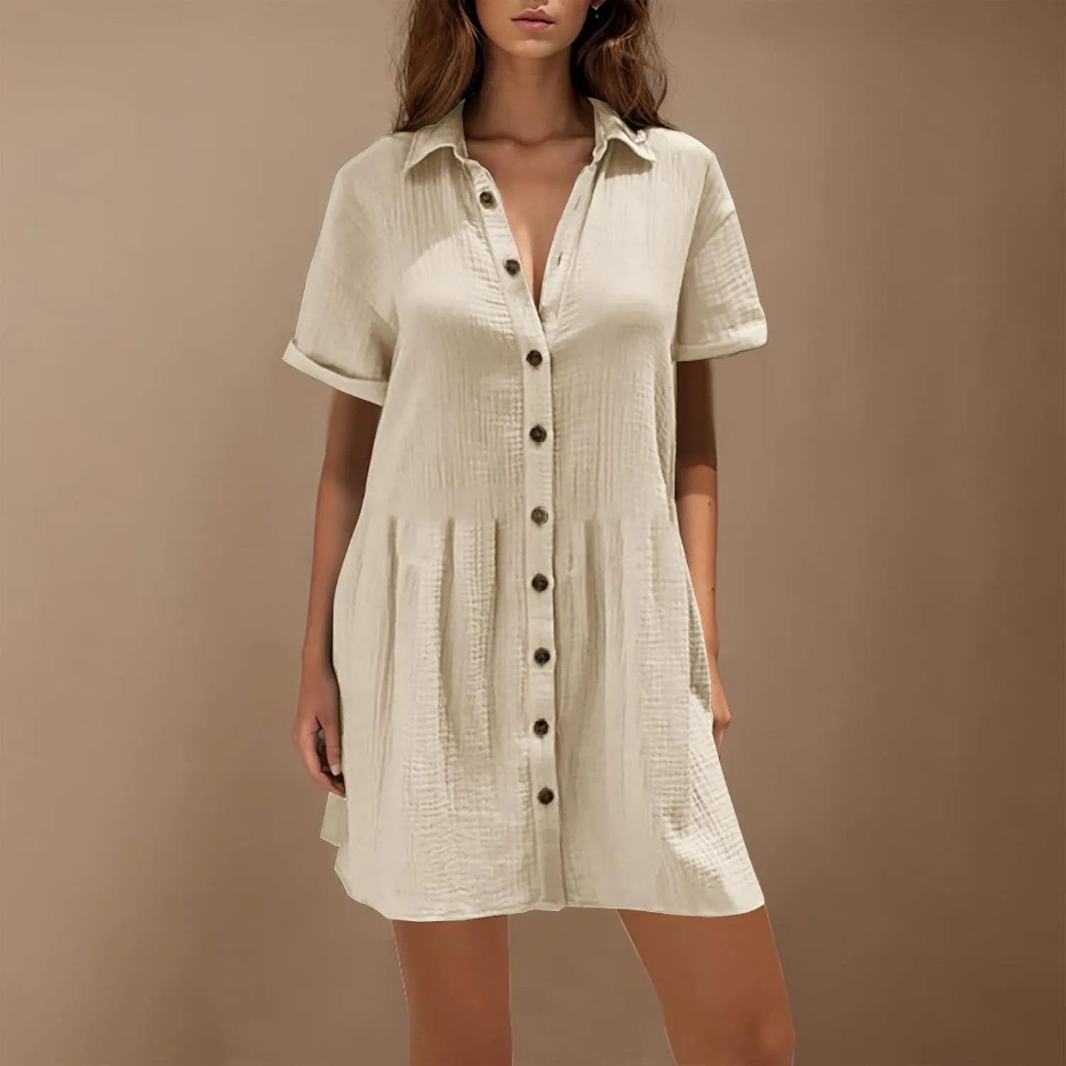 Womens Casual Short Sleeve Button Down Mini Shirt Dress Cotton Tunic Loose Beach Dress Tiered Ruffle Hem Shirt Dress