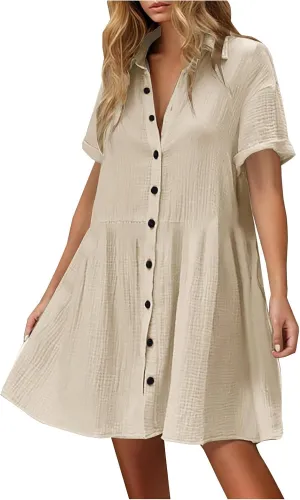 Womens Casual Short Sleeve Button Down Mini Shirt Dress Cotton Tunic Loose Beach Dress Tiered Ruffle Hem Shirt Dress