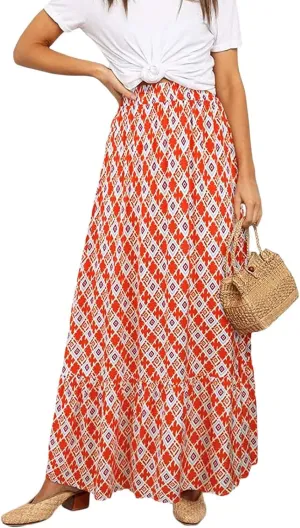 Womens Floral Print Boho Maxi Skirt High Elastic Waist Pleated Flowy Swing A-Line Maxi Skirts Summer Beach Flowy Skirts