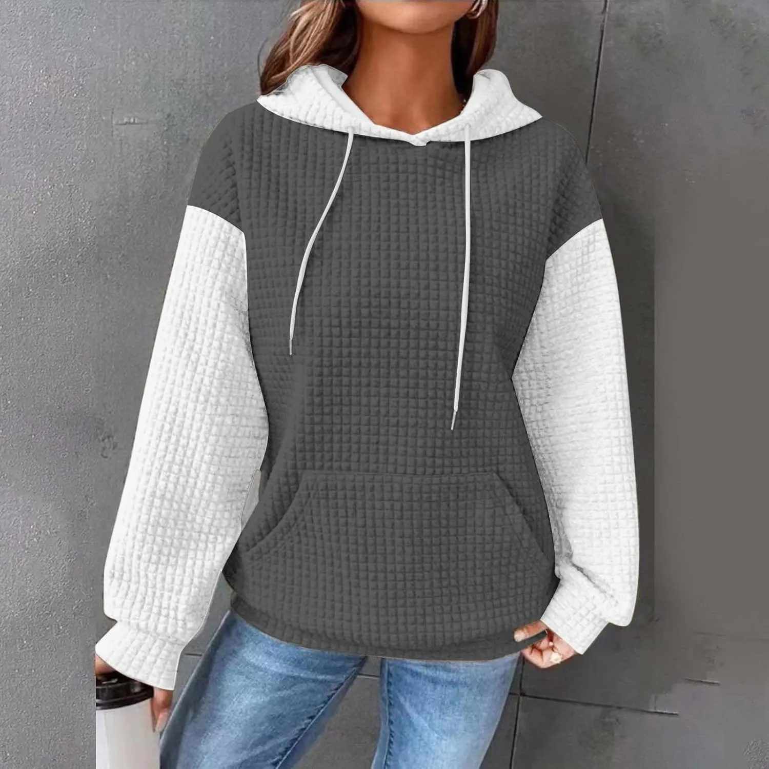 Womens Hoodies Oversized Sweatshirts 2024 Fashion Block Color Casual Crewneck Long Sleeve Loose Fit Winter Clothes