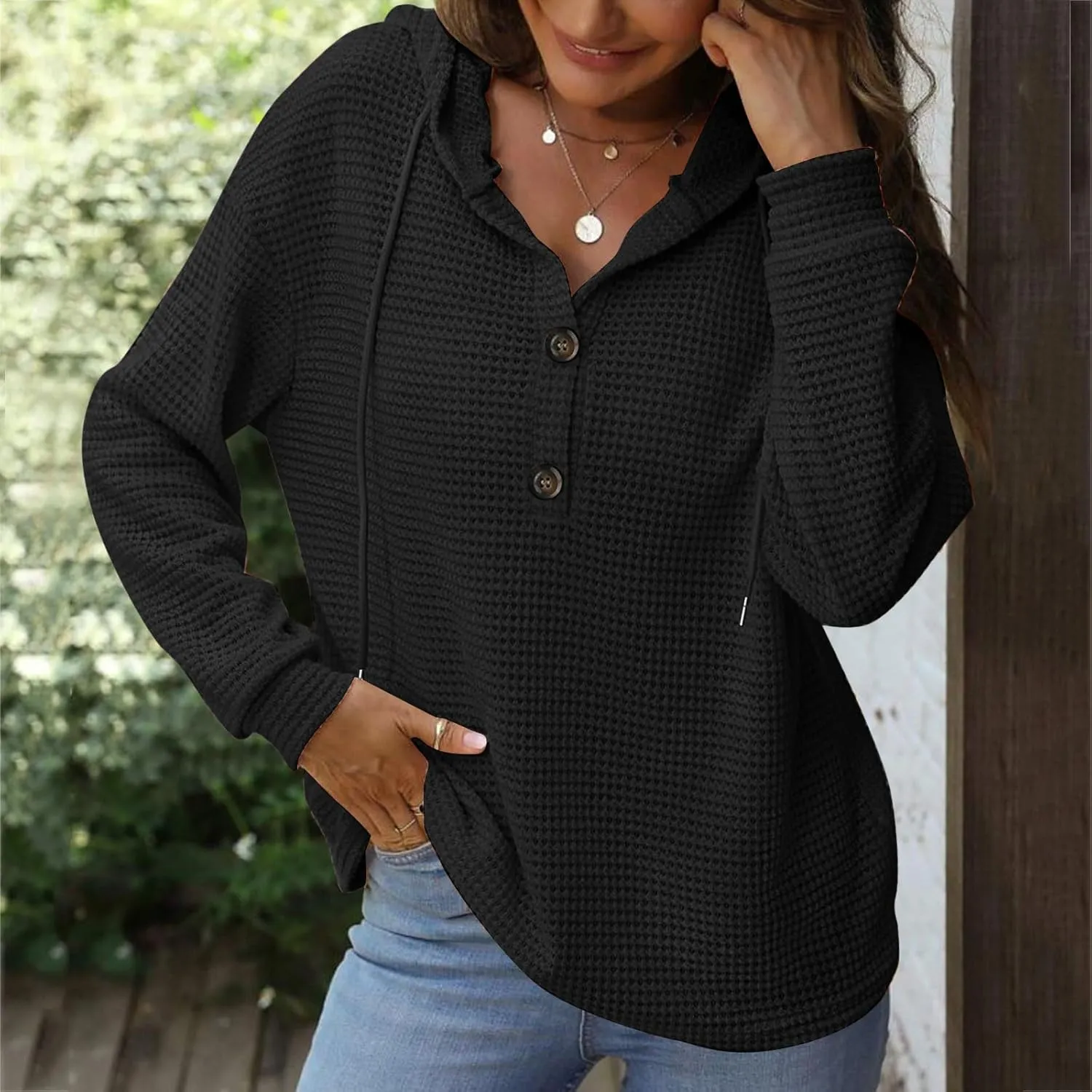 Women's Hoodies Waffle Knit Tops Drawstring Hoodie Casual Button V Neck Long Sleeve Hooded Sweatshirt Pullover