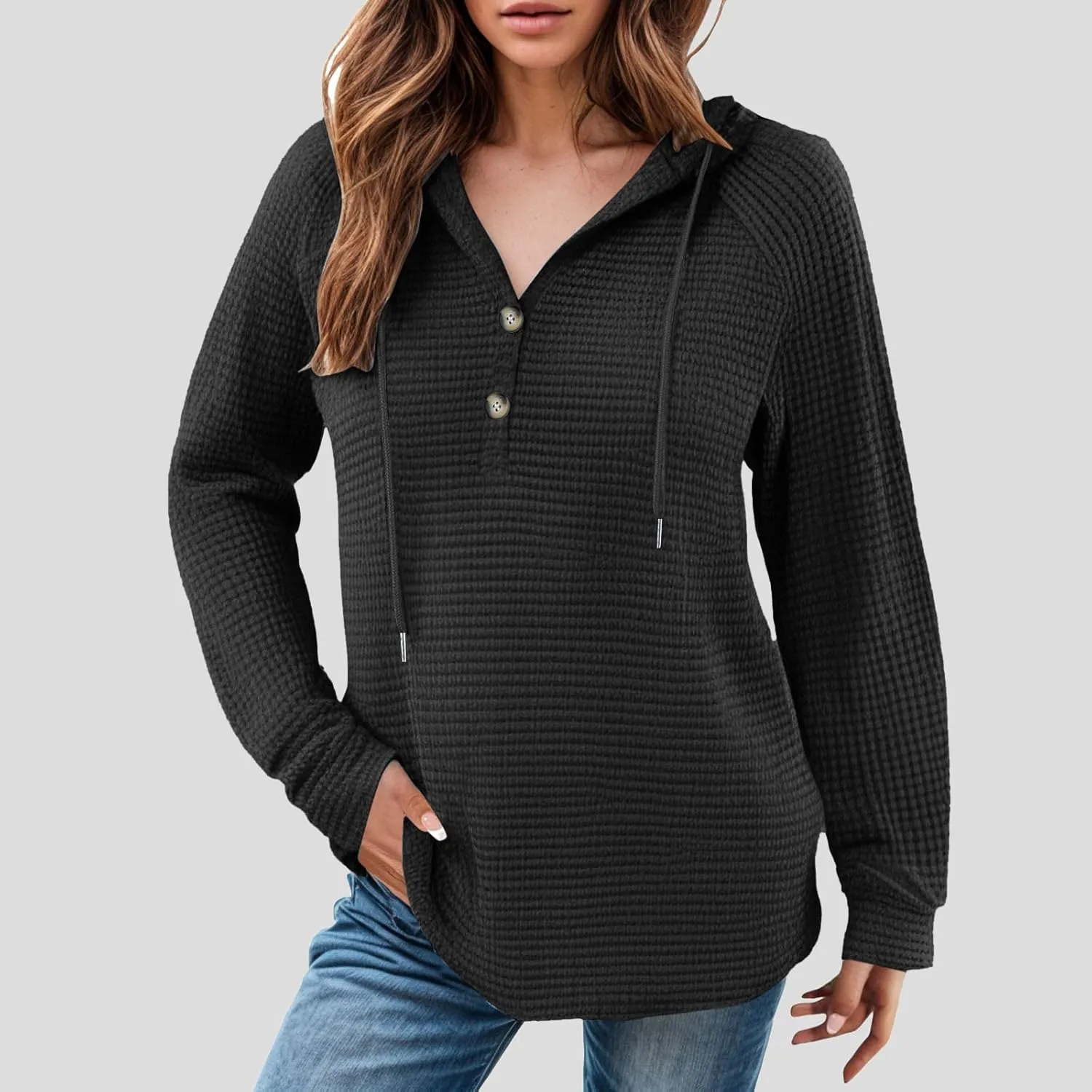 Women's Hoodies Waffle Knit Tops Drawstring Hoodie Casual Button V Neck Long Sleeve Hooded Sweatshirt Pullover