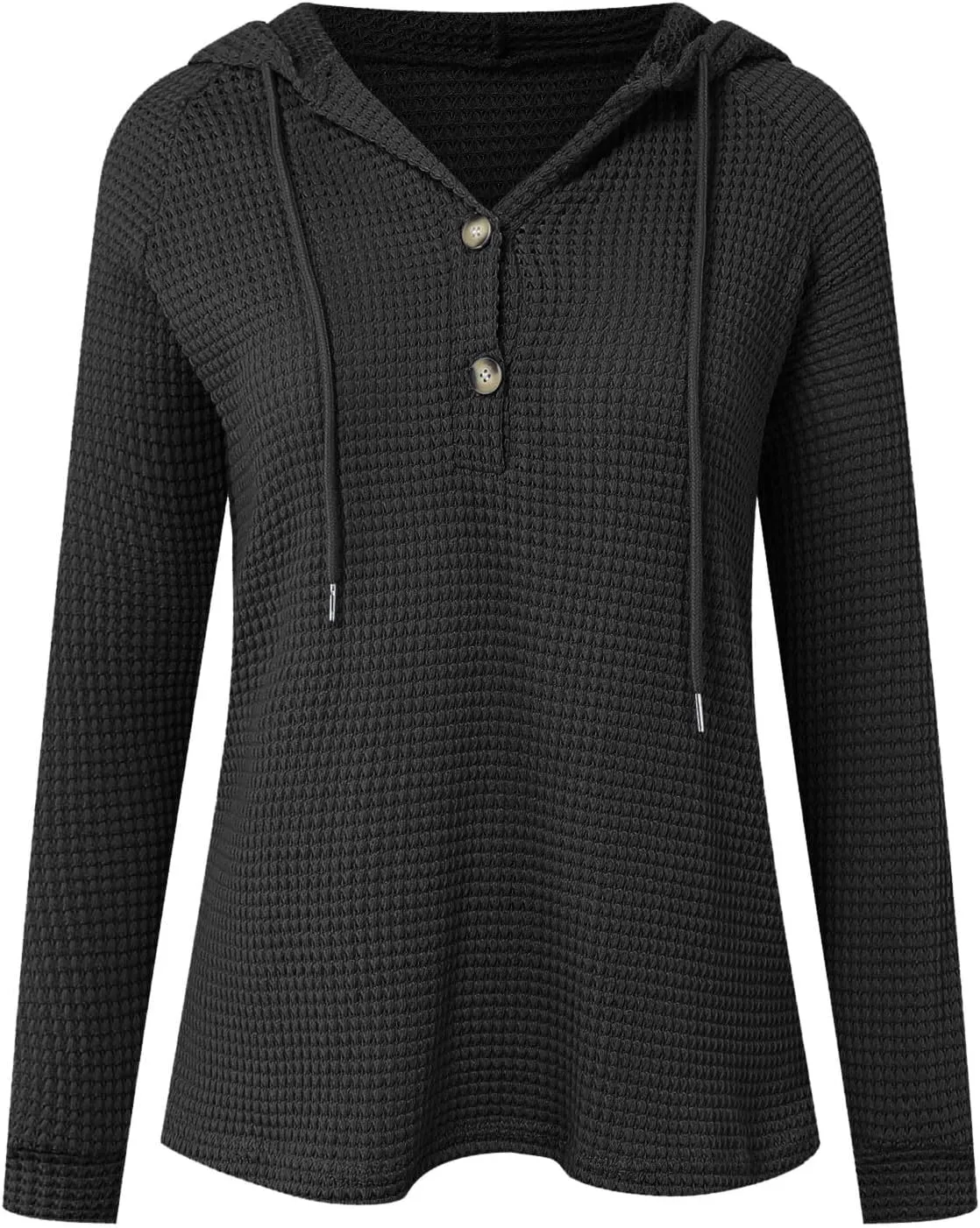 Women's Hoodies Waffle Knit Tops Drawstring Hoodie Casual Button V Neck Long Sleeve Hooded Sweatshirt Pullover