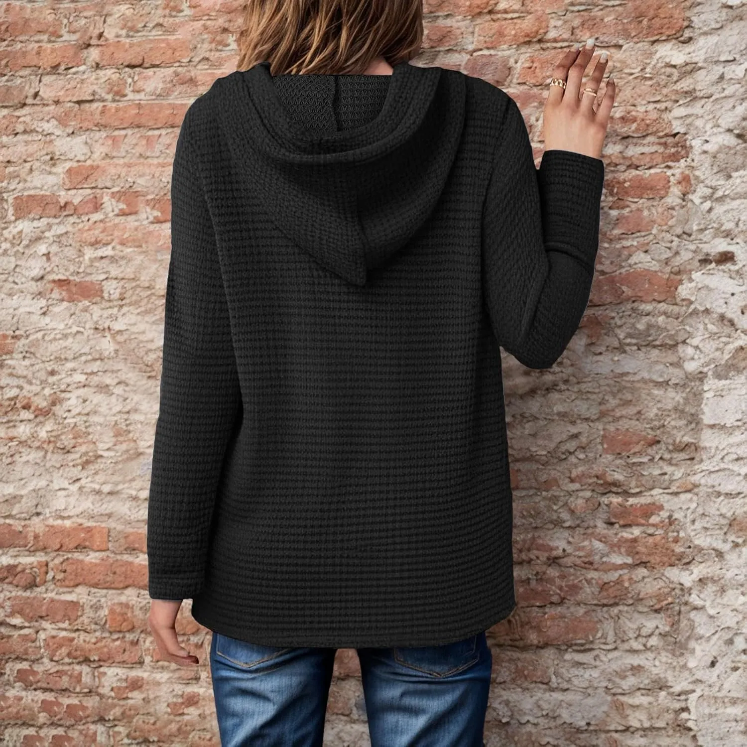 Women's Hoodies Waffle Knit Tops Drawstring Hoodie Casual Button V Neck Long Sleeve Hooded Sweatshirt Pullover