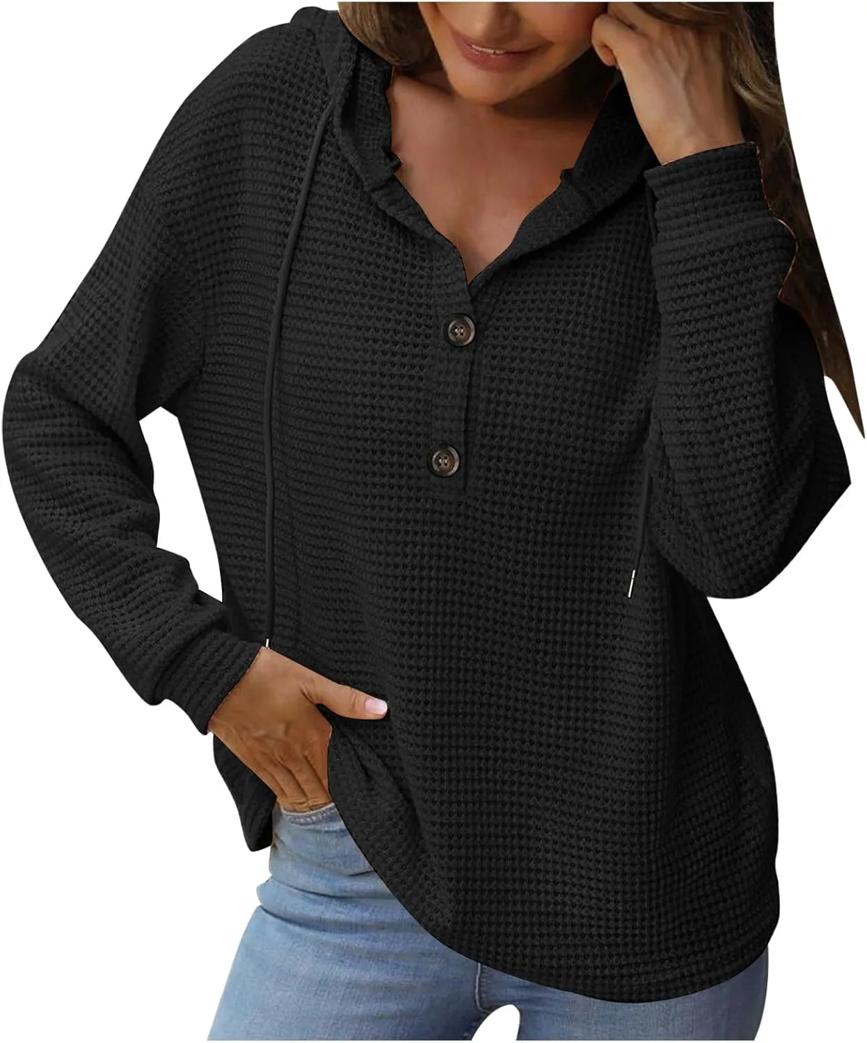 Women's Hoodies Waffle Knit Tops Drawstring Hoodie Casual Button V Neck Long Sleeve Hooded Sweatshirt Pullover