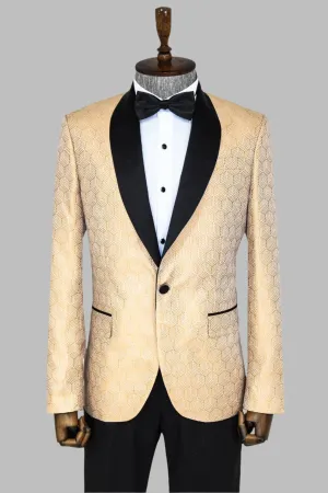 WSS Pentagon Patterned Shawl Lapel Cream Men Prom Blazer  - Singen