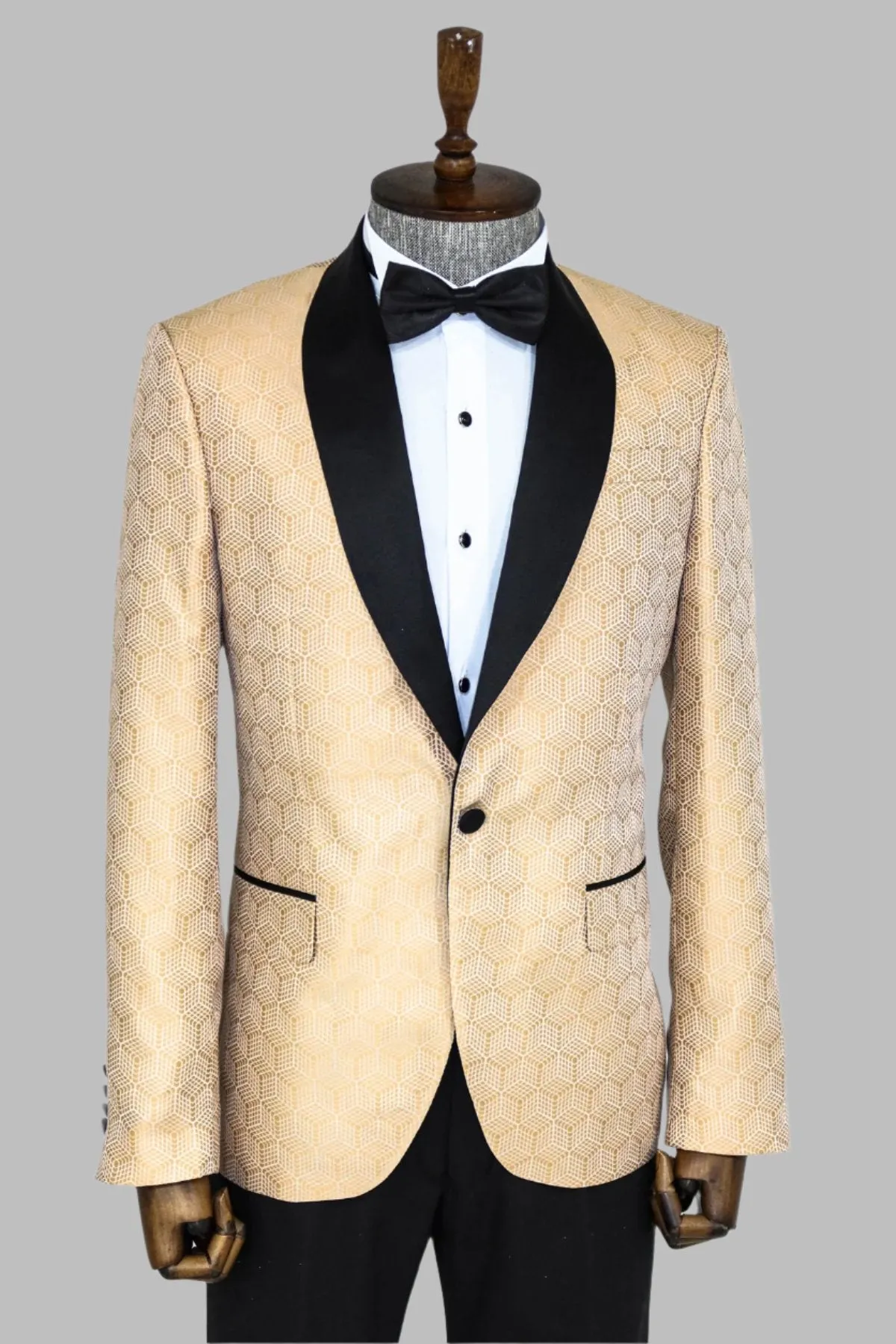WSS Pentagon Patterned Shawl Lapel Cream Men Prom Blazer  - Singen