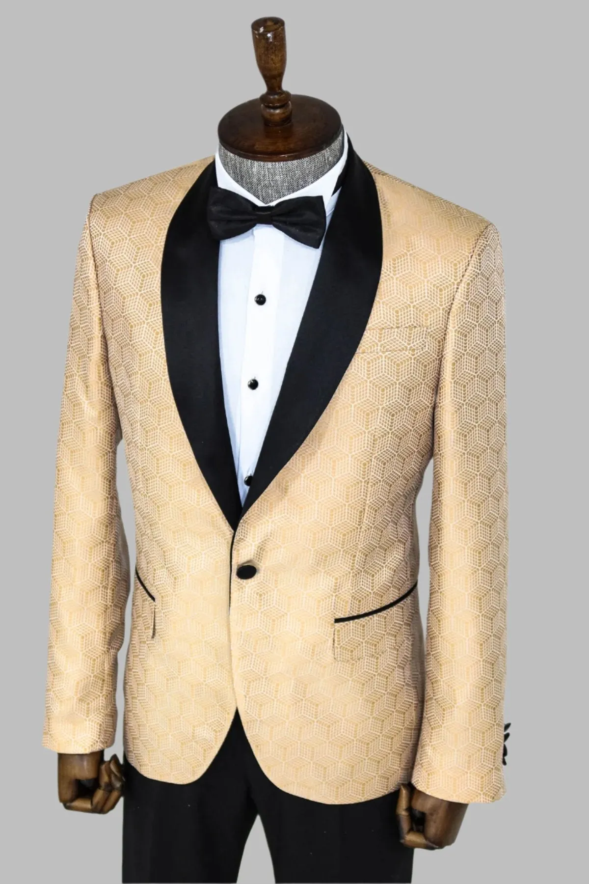 WSS Pentagon Patterned Shawl Lapel Cream Men Prom Blazer  - Singen